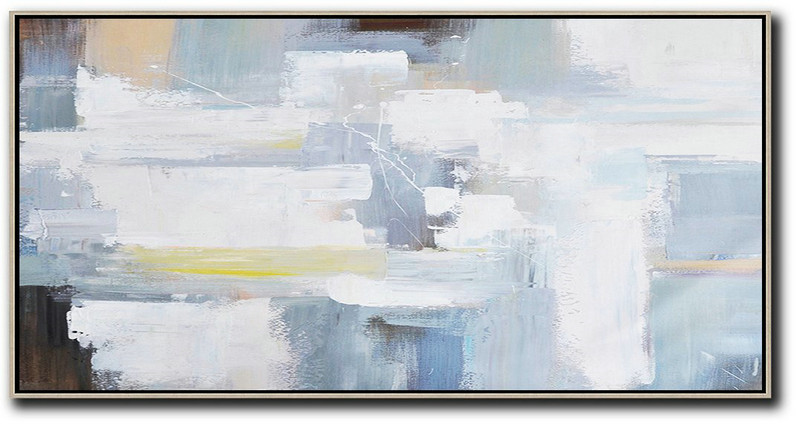 Huge Abstract Painting On Canvas,Horizontal Palette Knife Contemporary Art Panoramic Canvas Painting,Modern Wall Art White,Grey,Yellow,Brown